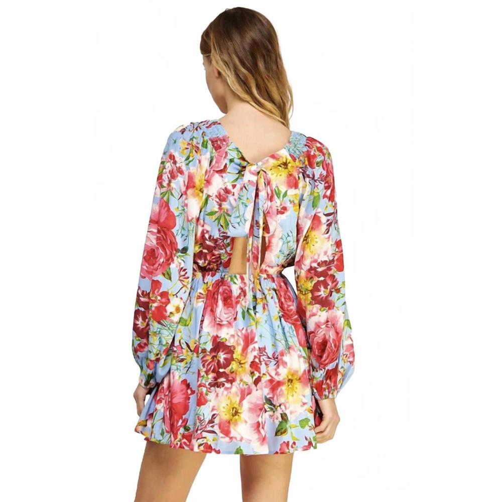 NEW STRUT & BOLT v-neck back tie closure mini dress in pink/ blue - Picture 3 of 4